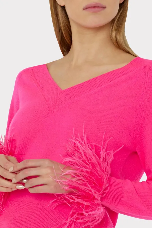 Milly Sweaters and Knits Women Feather Cuff Vneck Sweater Milly Pink Milly Sweaters and Knits Women Feather Cuff Vneck Sweater Milly Pink
