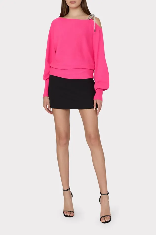 Milly Sweaters and Knits Women Ida Crystal Bow Cold Shoulder Sweater Milly Pink