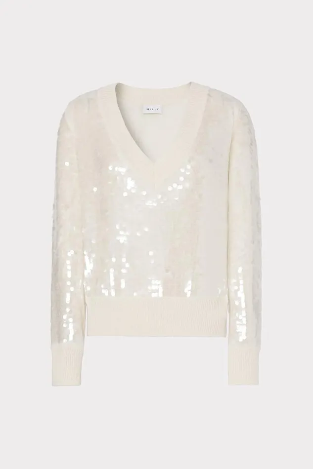 Milly Sweaters and Knits Women Ilaria Sequin VNeck Sweater Ecru