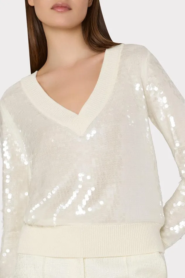 Milly Sweaters and Knits Women Ilaria Sequin VNeck Sweater Ecru Milly Sweaters and Knits Women Ilaria Sequin VNeck Sweater Ecru
