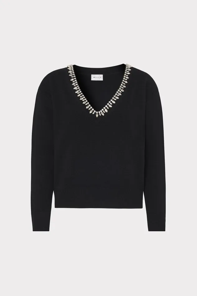 Milly Sweaters and Knits Women Kalia Crystal VNeck Sweater Black