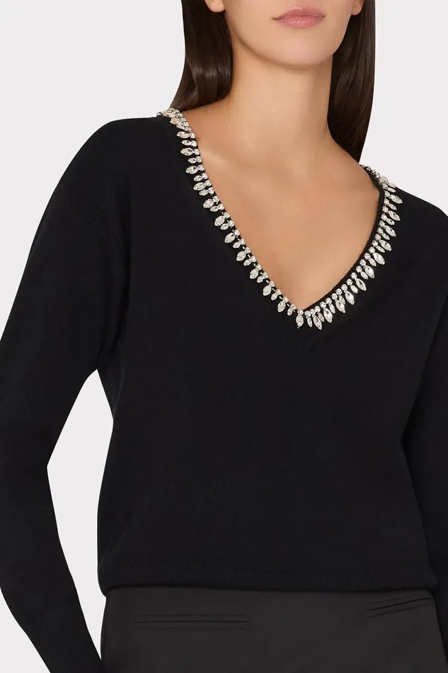 Milly Sweaters and Knits Women Kalia Crystal VNeck Sweater Black Milly Sweaters and Knits Women Kalia Crystal VNeck Sweater Black