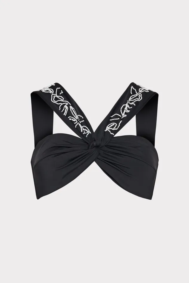 Milly Swim and Coverups Women Beaded Applique Shoulder Draped Bikini Top Black Milly Swim and Coverups Women Beaded Applique Shoulder Draped Bikini Top Black
