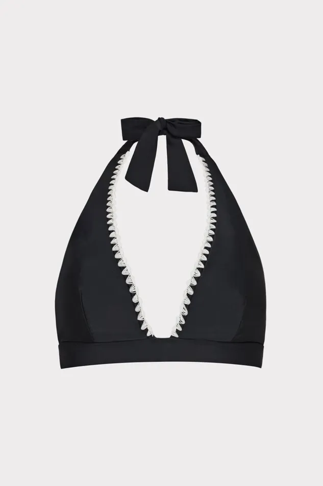 Milly Swim and Coverups Women Crochet Stitch Halter Bikini Top Blackwhite
