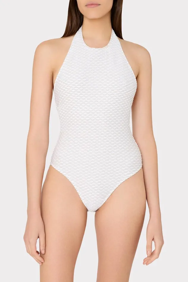 Milly Swim and Coverups Women Jackie Textured Waves Halter One Piece White Milly Swim and Coverups Women Jackie Textured Waves Halter One Piece White