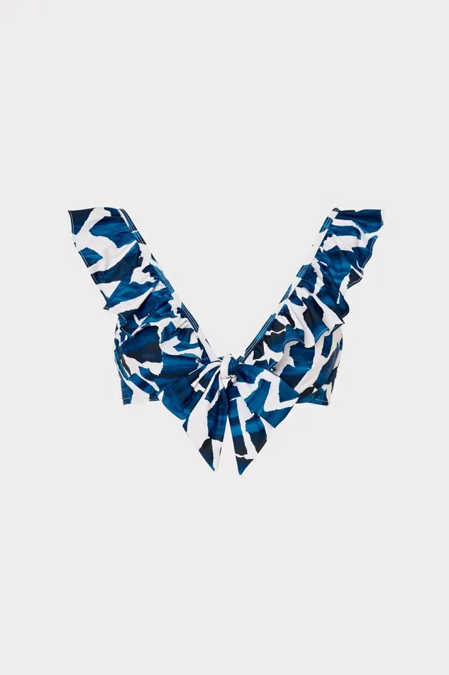 Milly Swim and Coverups Women Ocean Puzzle Ruffle Bikini Top Navy Multi