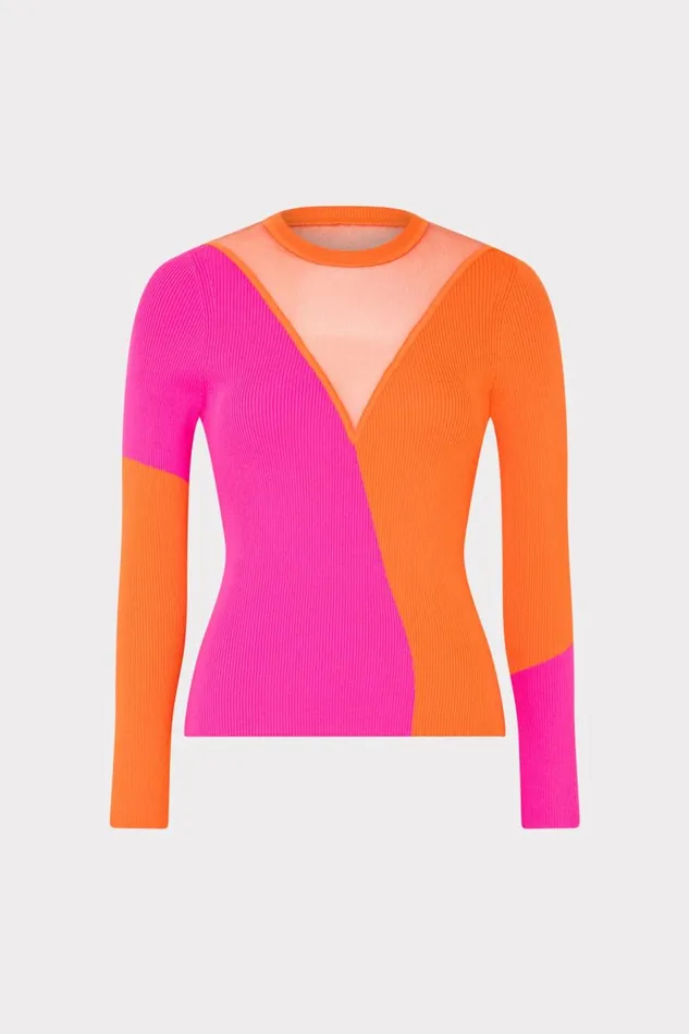 Milly Tops Women Color Block Sheer Graphic Crewneck Coralpink