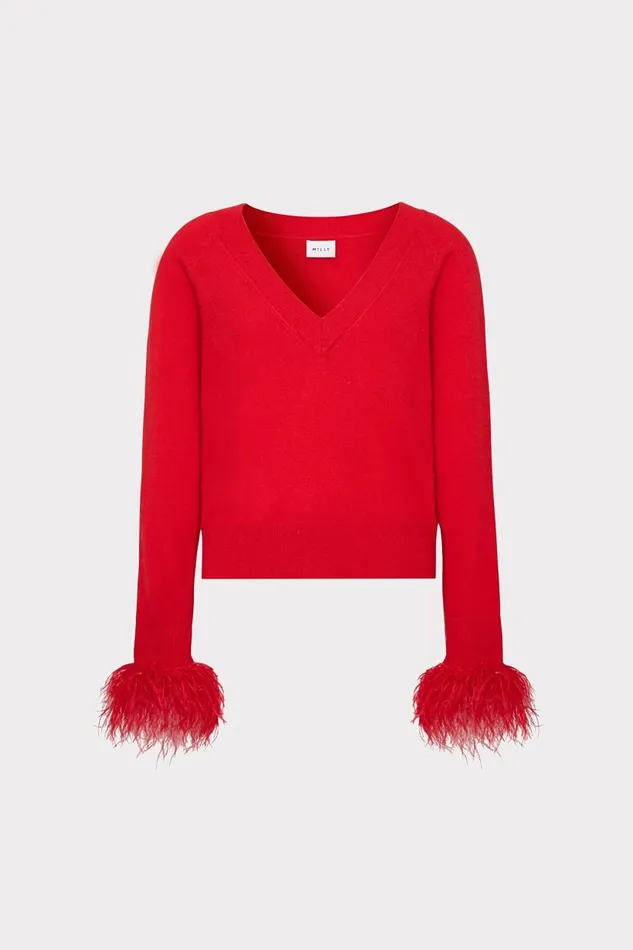 Milly Tops Women Feather Cuff VNeck Sweater Red