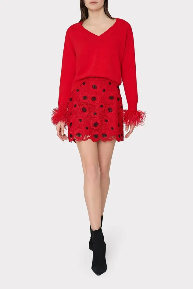 Milly Tops Women Feather Cuff VNeck Sweater Red Milly Tops Women Feather Cuff VNeck Sweater Red