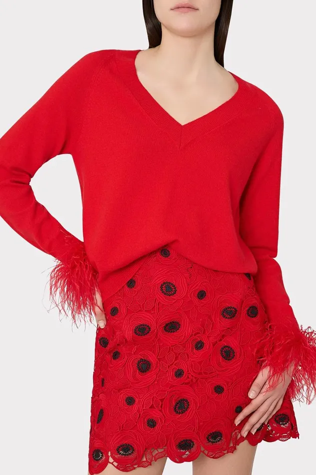 Milly Tops Women Feather Cuff VNeck Sweater Red Milly Tops Women Feather Cuff VNeck Sweater Red