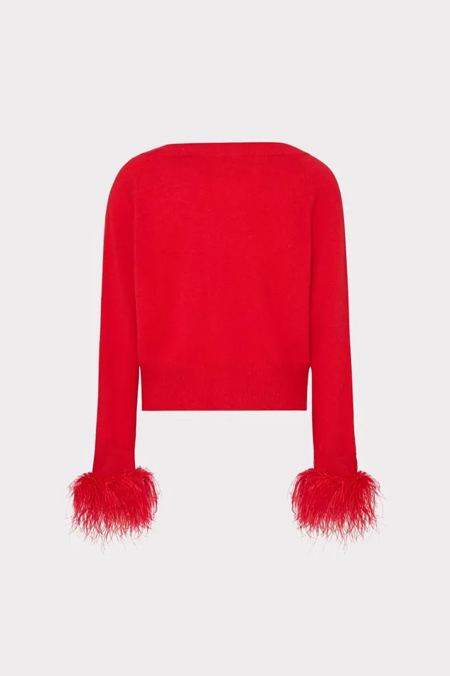 Milly Tops Women Feather Cuff VNeck Sweater Red Milly Tops Women Feather Cuff VNeck Sweater Red