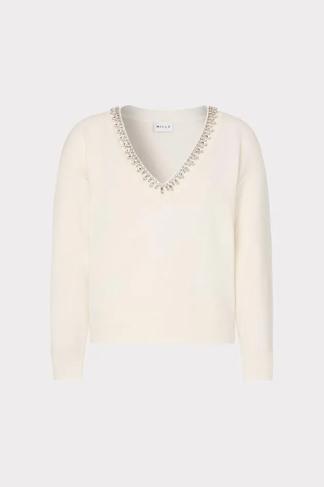 Milly Tops Women Kalia Crystal VNeck Sweater Ecru