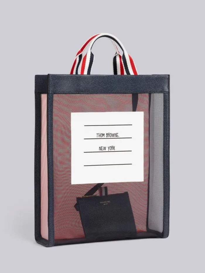 Multicolor Funmix Mesh Paper Label Stripe Handle Vertical Tote Rwbwht WomenMen Thom Browne Handbags and Totes