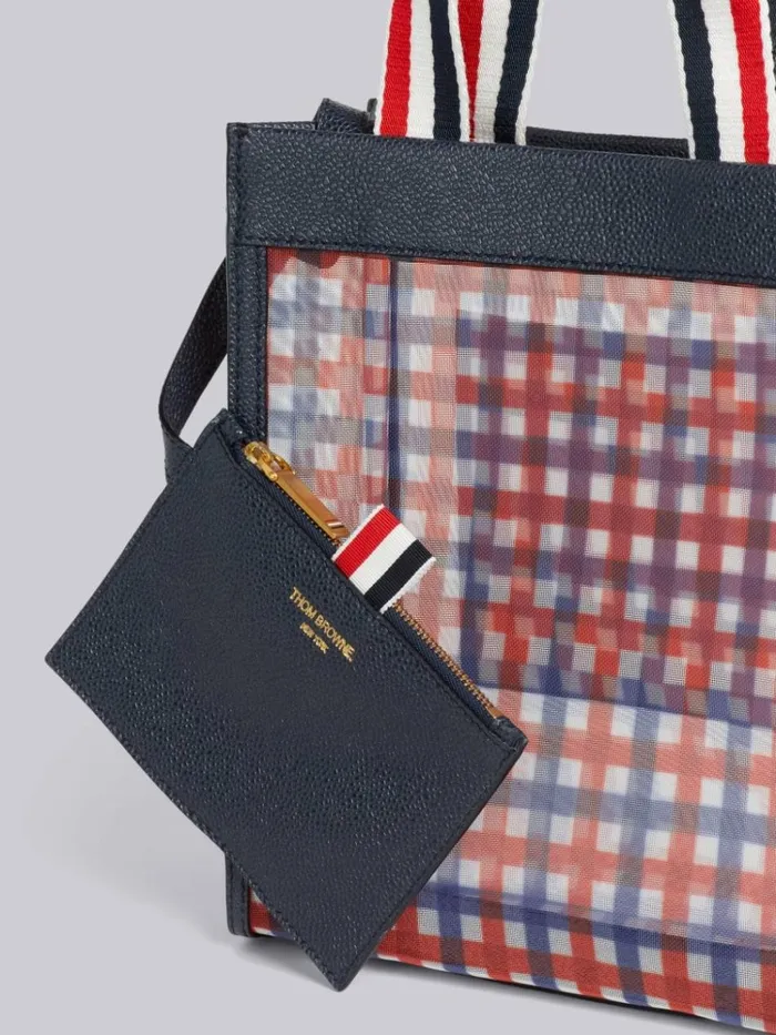 Multicolor Gingham Printed Mesh Paper Label Stripe Handle Small Tote Rwbwht WomenMen Thom Browne Handbags and Totes