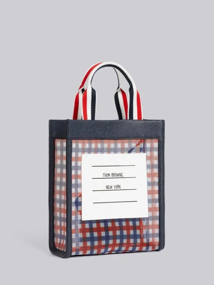 Multicolor Gingham Printed Mesh Paper Label Stripe Handle Small Tote Rwbwht WomenMen Thom Browne Handbags and Totes