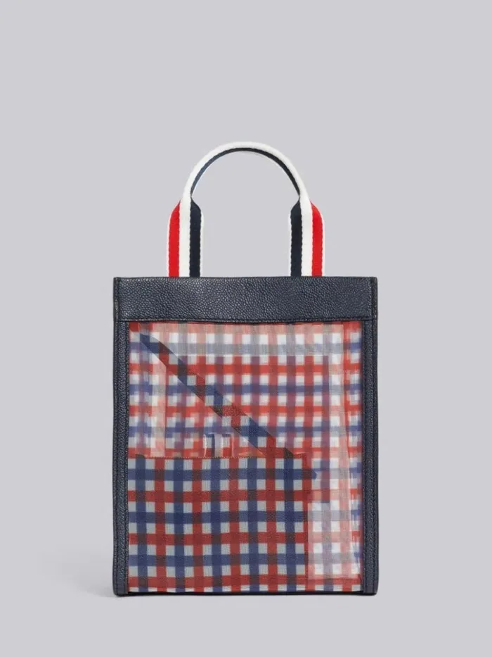 Multicolor Gingham Printed Mesh Paper Label Stripe Handle Small Tote Rwbwht WomenMen Thom Browne Handbags and Totes