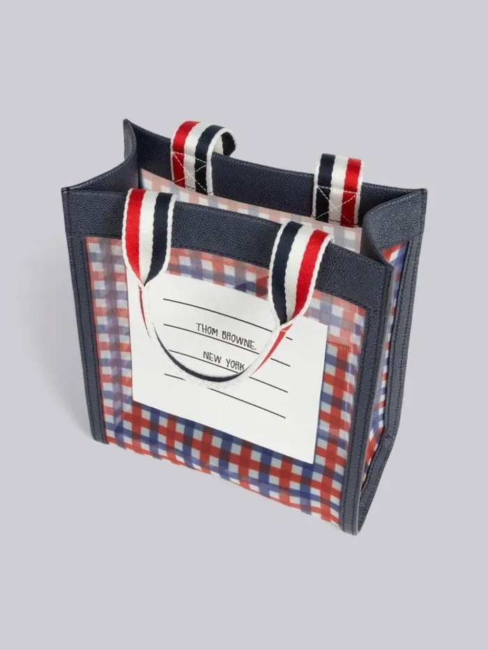 Multicolor Gingham Printed Mesh Paper Label Stripe Handle Small Tote Rwbwht WomenMen Thom Browne Handbags and Totes