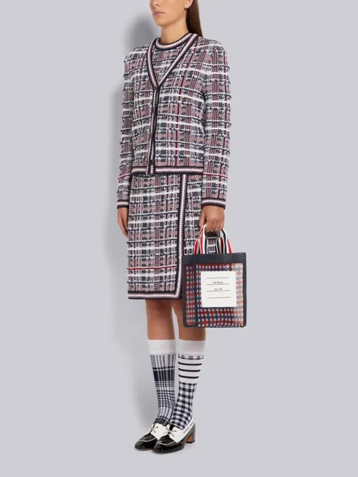 Multicolor Gingham Printed Mesh Paper Label Stripe Handle Small Tote Rwbwht WomenMen Thom Browne Handbags and Totes