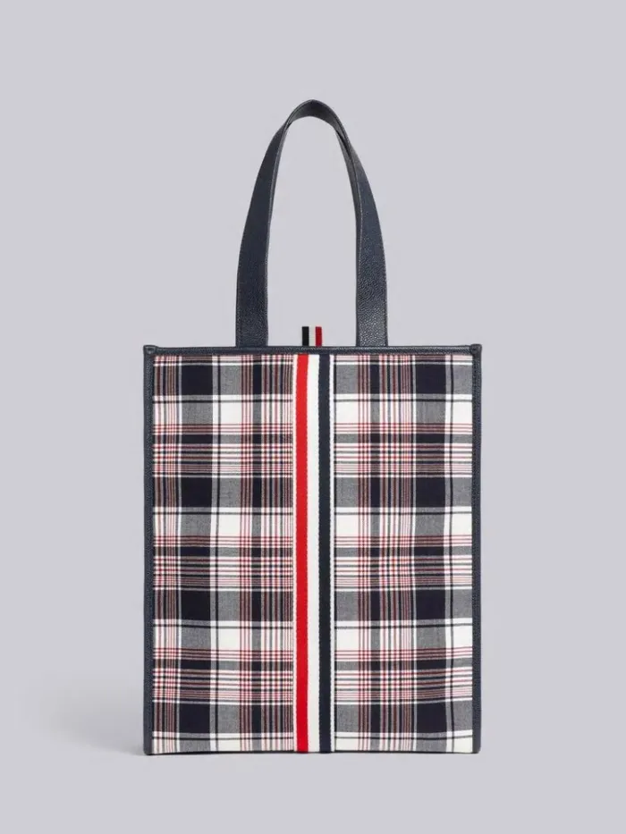 Multicolor Hairline Madras Check Suiting Webbing Stripe Vertical Tote Rwbwht Women Thom Browne Handbags and Totes Multicolor Hairline Madras Check Suiting Webbing Stripe Vertical Tote Rwbwht Women Thom Browne Handbags and Totes
