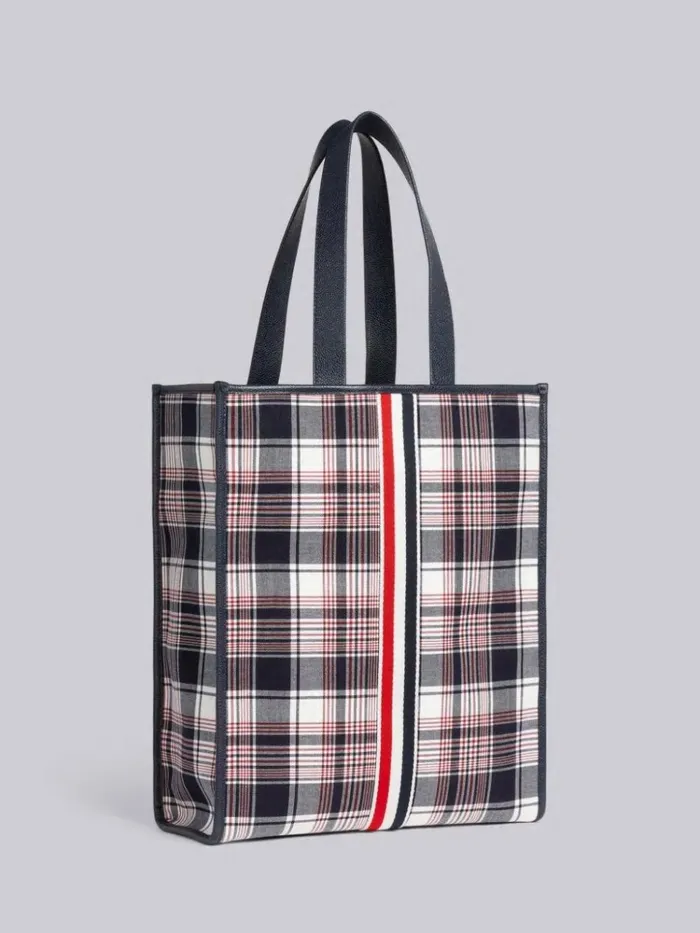 Multicolor Hairline Madras Check Suiting Webbing Stripe Vertical Tote Rwbwht Women Thom Browne Handbags and Totes