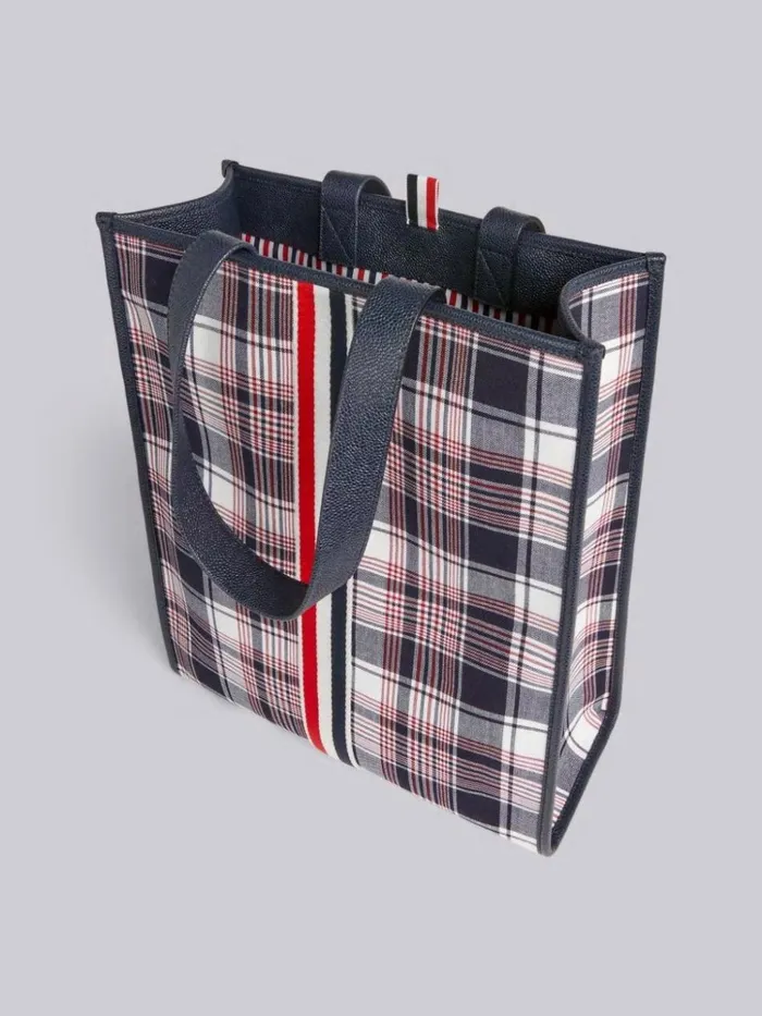 Multicolor Hairline Madras Check Suiting Webbing Stripe Vertical Tote Rwbwht Women Thom Browne Handbags and Totes