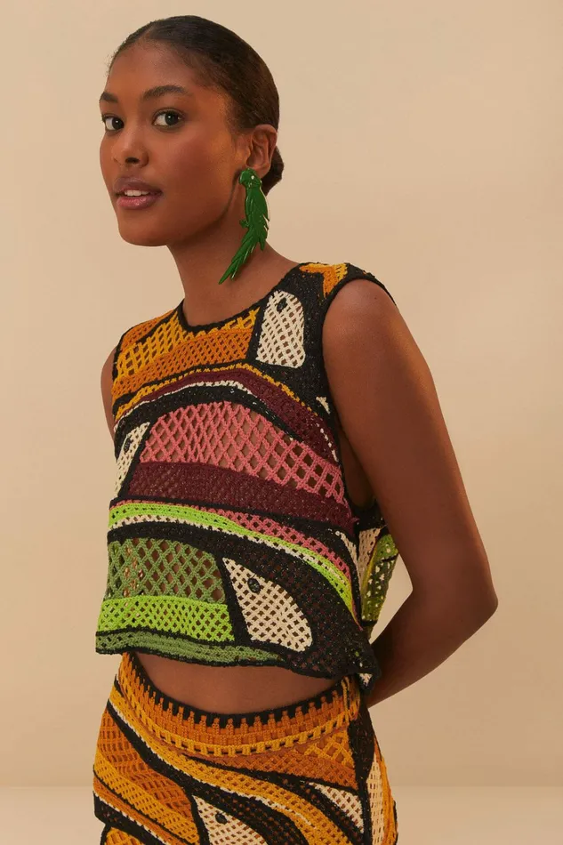 Multicolor Toucan Tree Crochet Top Women FARM Rio Crop Tops
