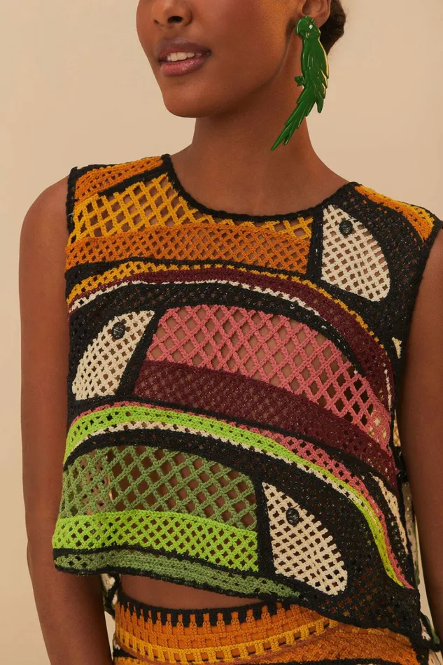 Multicolor Toucan Tree Crochet Top Women FARM Rio Crop Tops Multicolor Toucan Tree Crochet Top Women FARM Rio Crop Tops