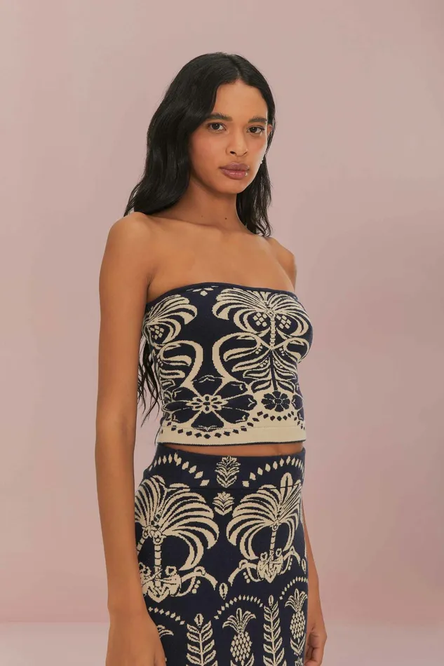 Navy Blue Ainika Tropical Splendor Knit Top Women FARM Rio Crop Tops