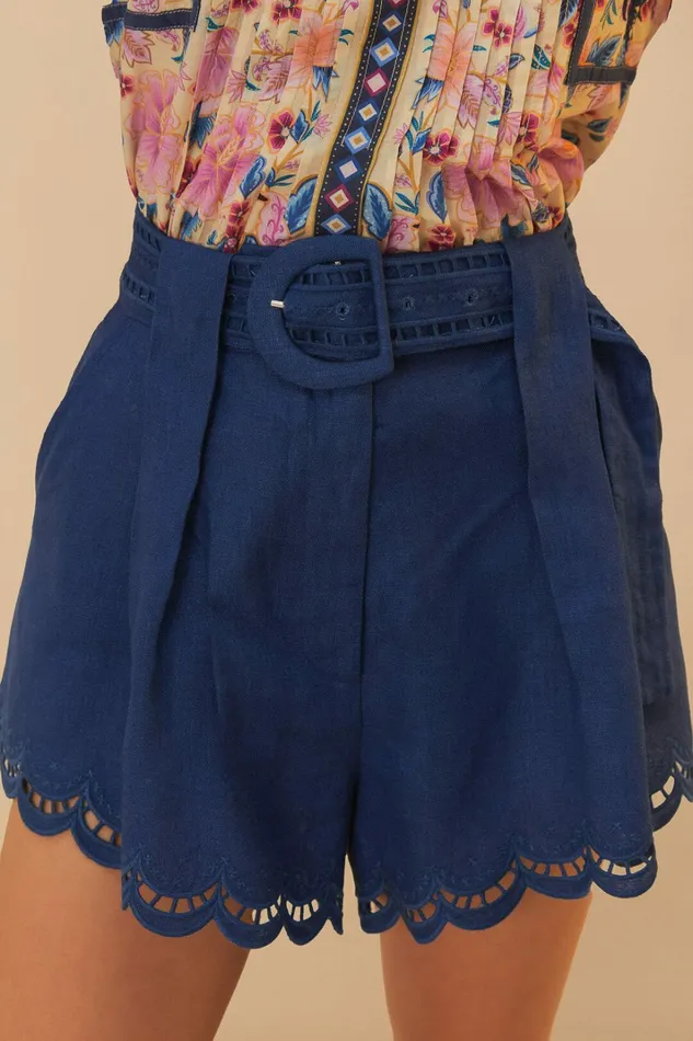 Navy Blue Richelieu Belted Euroflax Premium Linen Shorts Women FARM Rio Shorts Navy Blue Richelieu Belted Euroflax Premium Linen Shorts Women FARM Rio Shorts