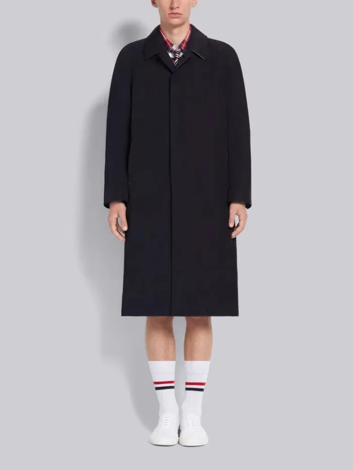 Nylon Tech Gabardine Unconstructed Raglan Bal Collar Overcoat Navy Men Thom Browne Outerwear Nylon Tech Gabardine Unconstructed Raglan Bal Collar Overcoat Navy Men Thom Browne Outerwear