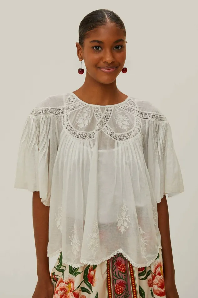 OffWhite Embroidered Short Sleeve Blouse Women FARM Rio Blouses