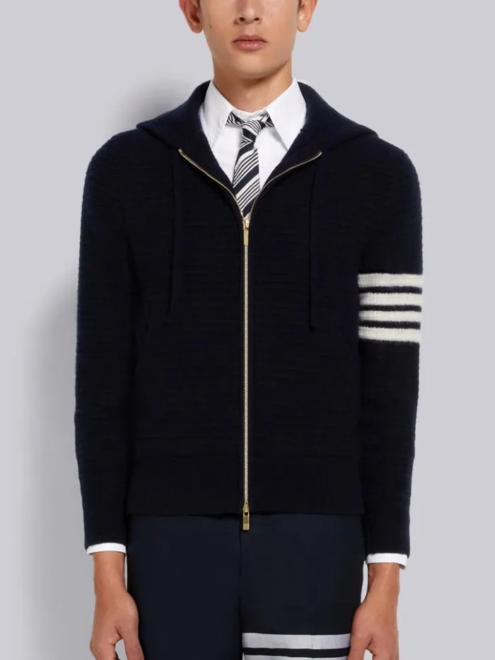 Overwashed Cashmere 4bar Zip Up Hoodie Navy Men Thom Browne Sweats