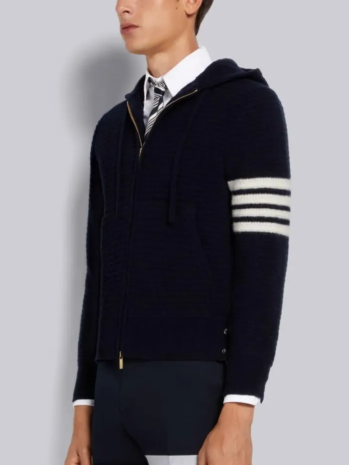 Overwashed Cashmere 4bar Zip Up Hoodie Navy Men Thom Browne Sweats