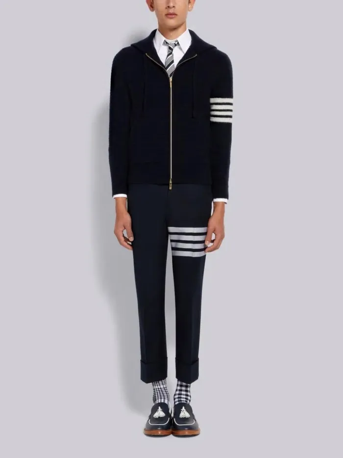 Overwashed Cashmere 4bar Zip Up Hoodie Navy Men Thom Browne Sweats
