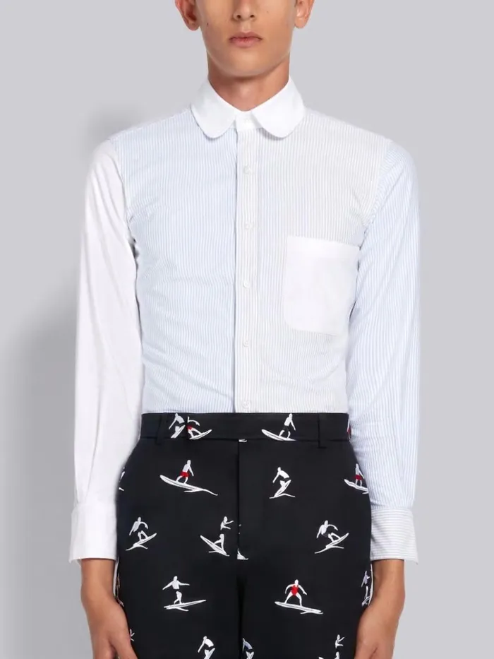 Oxford Cotton Funmix University Stripe Classic Round Collar Long Sleeve Shirt Medium Grey Men Thom Browne Shirting