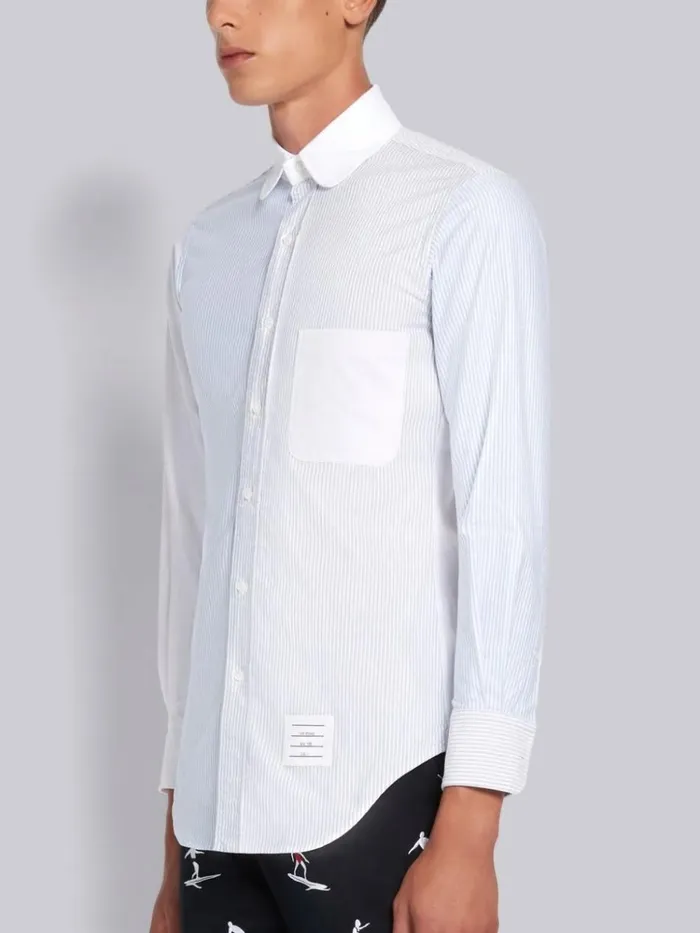 Oxford Cotton Funmix University Stripe Classic Round Collar Long Sleeve Shirt Medium Grey Men Thom Browne Shirting