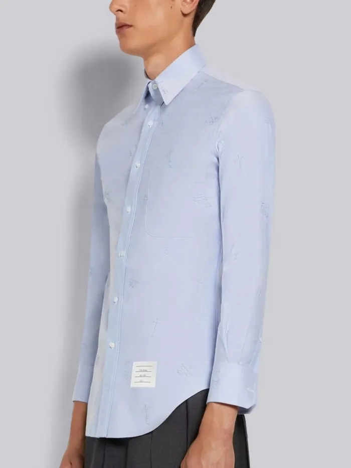 Oxford Embroidered Half Drop Sky Icon Classic Fit Shirt Light Blue Men Thom Browne Shirting