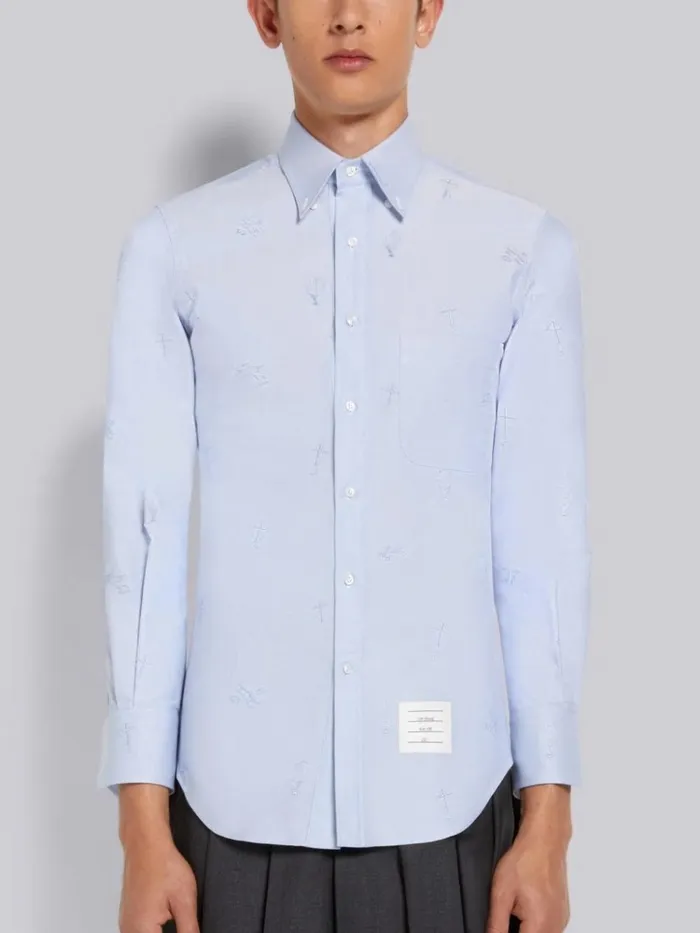Oxford Embroidered Half Drop Sky Icon Classic Fit Shirt Light Blue Men Thom Browne Shirting