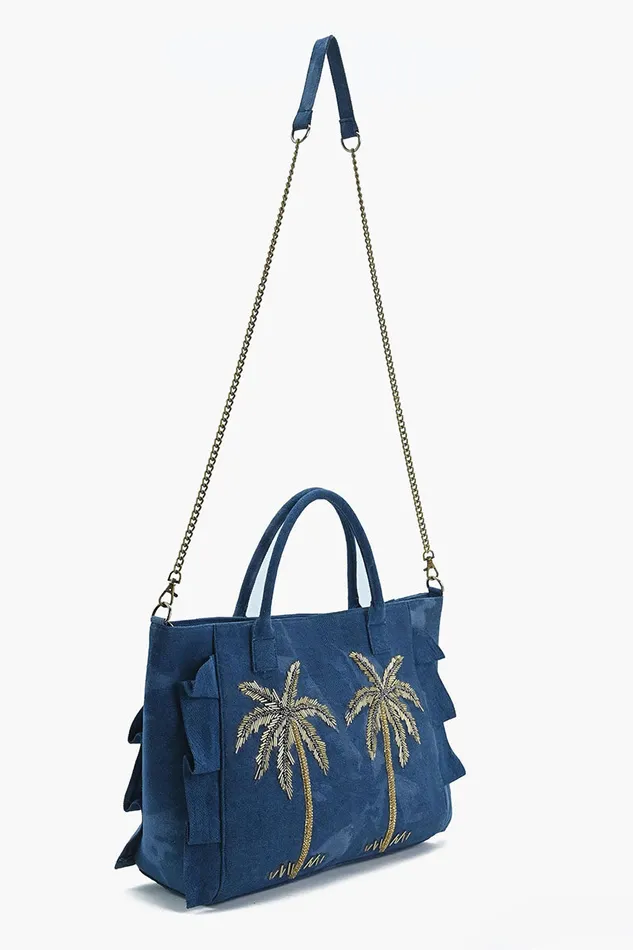 Palm Glitz Embellished Denim Tote Palm Glitz Embellished Denim Tote