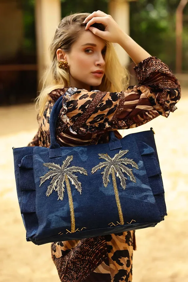 Palm Glitz Embellished Denim Tote Palm Glitz Embellished Denim Tote