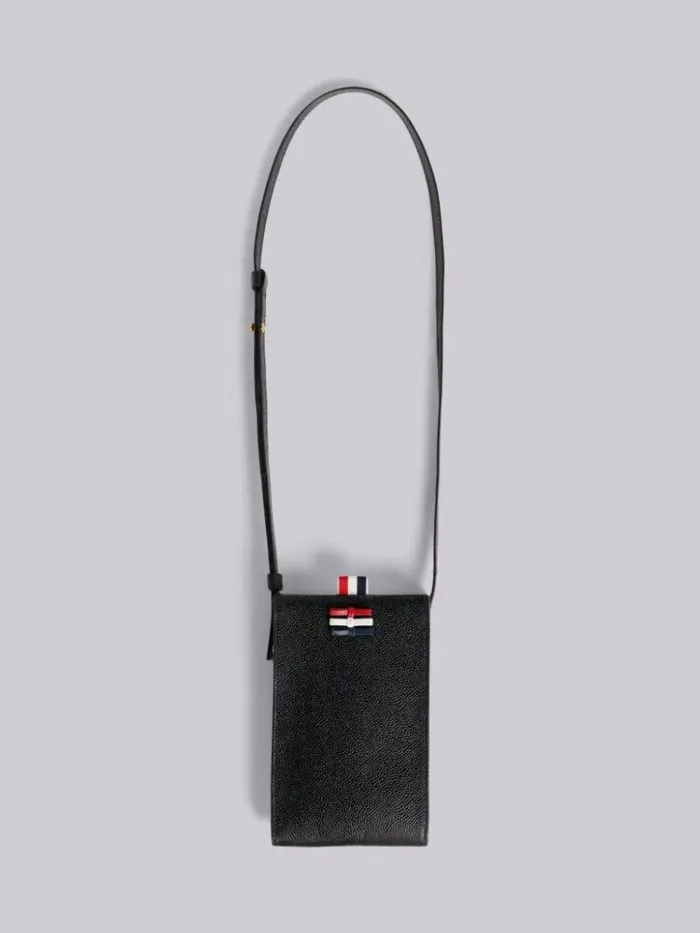Pebble Grain Leather Bow Detail Crossbody Phone Holder With Strap Black Women Thom Browne Purses and Wallets