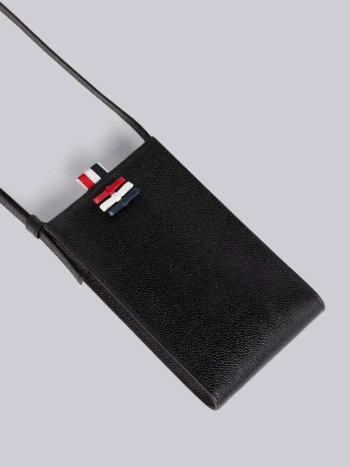 Pebble Grain Leather Bow Detail Crossbody Phone Holder With Strap Black Women Thom Browne Purses and Wallets