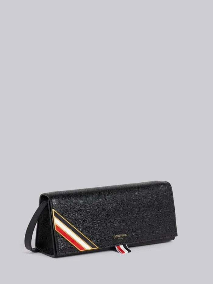 Pebbled Calfskin Enamel Corner Stripe Flap Clutch Black Women Thom Browne Crossbody Bags