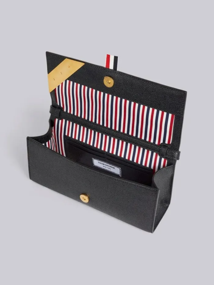 Pebbled Calfskin Enamel Corner Stripe Flap Clutch Black Women Thom Browne Crossbody Bags