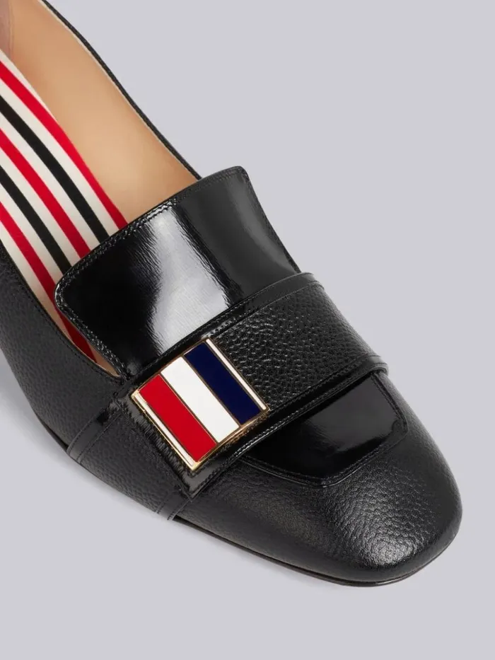 Pebbled Calfskin Tricolor Enamel Strap Loafer Black Women Thom Browne Heels Pebbled Calfskin Tricolor Enamel Strap Loafer Black Women Thom Browne Heels