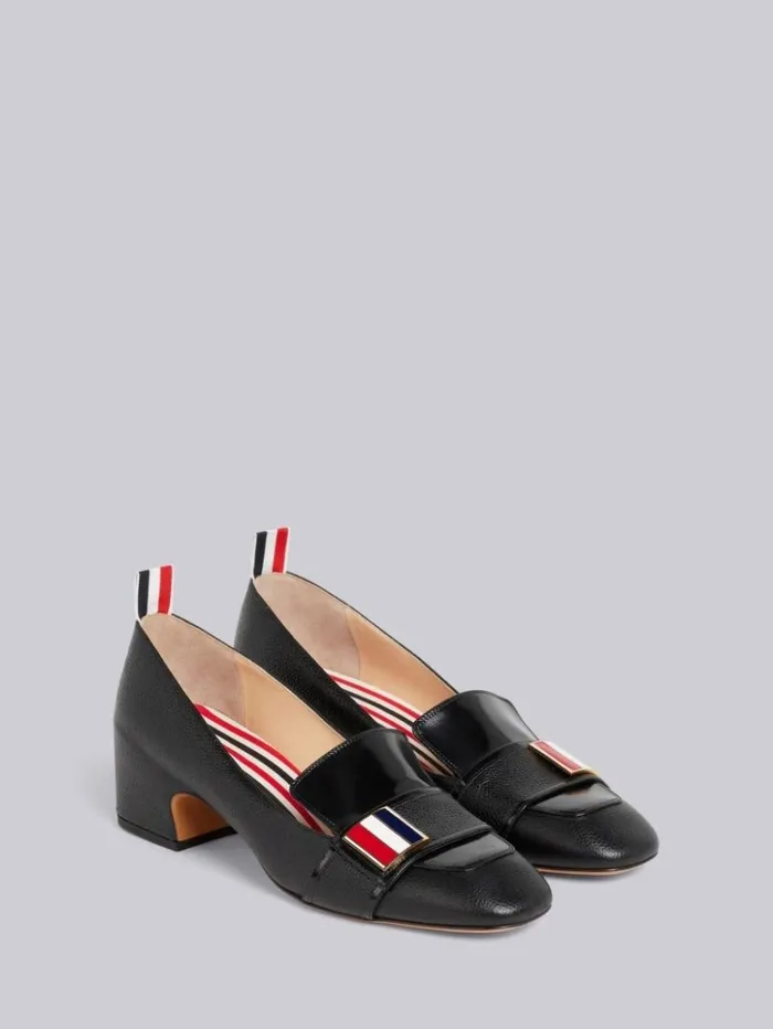 Pebbled Calfskin Tricolor Enamel Strap Loafer Black Women Thom Browne Heels Pebbled Calfskin Tricolor Enamel Strap Loafer Black Women Thom Browne Heels