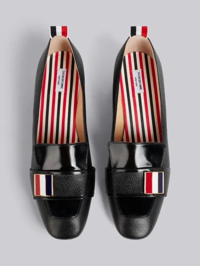 Pebbled Calfskin Tricolor Enamel Strap Loafer Black Women Thom Browne Heels Pebbled Calfskin Tricolor Enamel Strap Loafer Black Women Thom Browne Heels