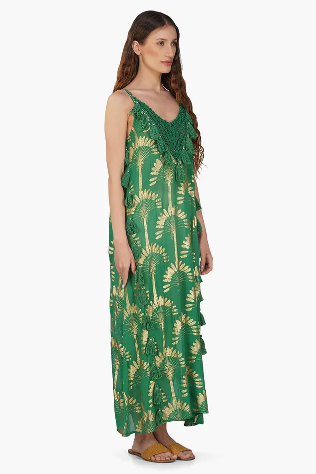 Pine Green Palm Tassel Foil Maxi Dress Pine Green Palm Tassel Foil Maxi Dress