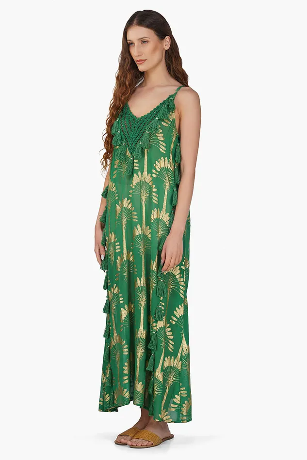 Pine Green Palm Tassel Foil Maxi Dress Pine Green Palm Tassel Foil Maxi Dress