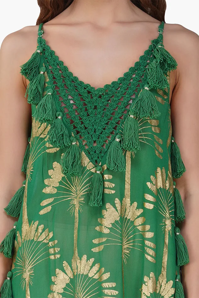 Pine Green Palm Tassel Foil Maxi Dress Pine Green Palm Tassel Foil Maxi Dress